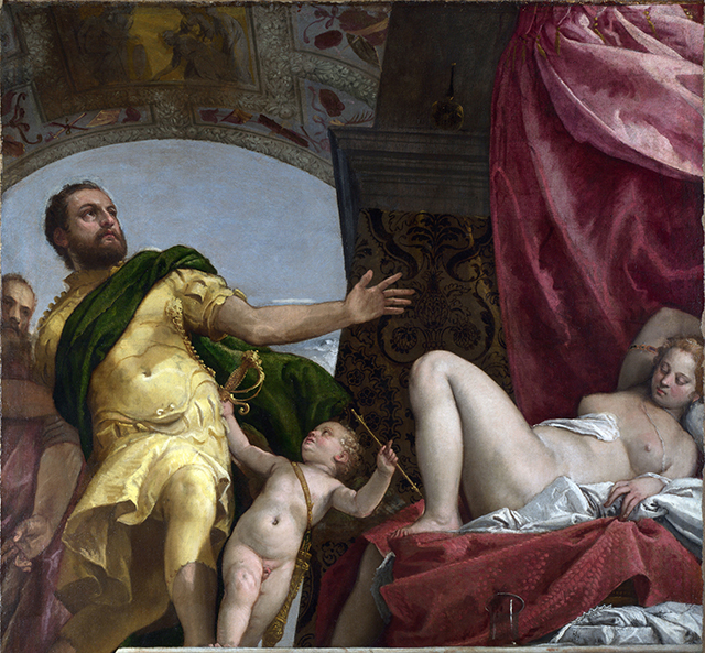 Veronese's "Allegory of love," where the fabric pattern in the background painted with Verdigris has turned from green to brown over the years (via Wikimedia)