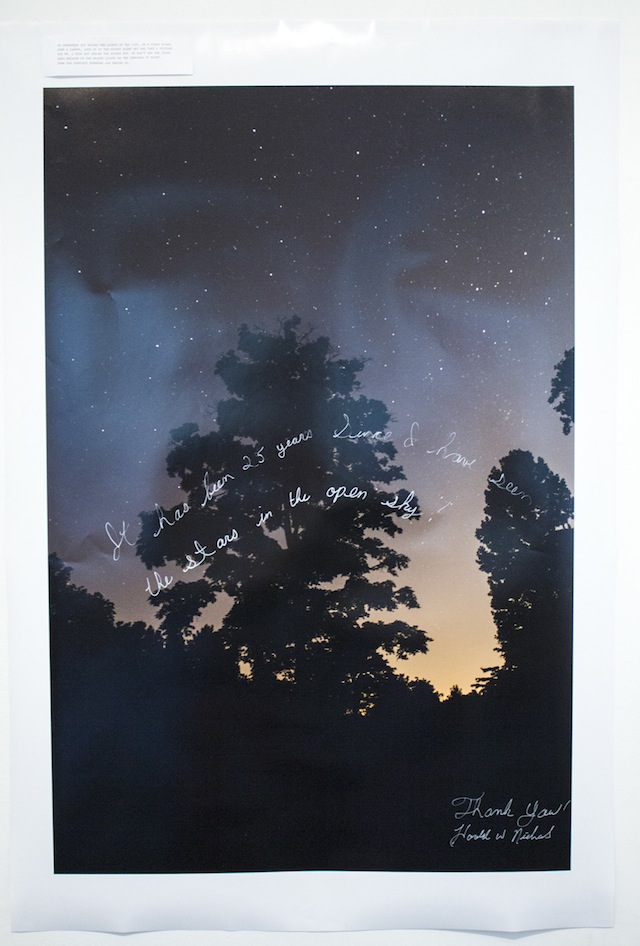 Robin Paris and Tom Williams with writing by Harold Wayne Nichols, "Surrogate Project for Harold Wayne Nichols: The Night Sky Series" ('It has been 25 years since I have seen the stars in the open sky!'), photograph
