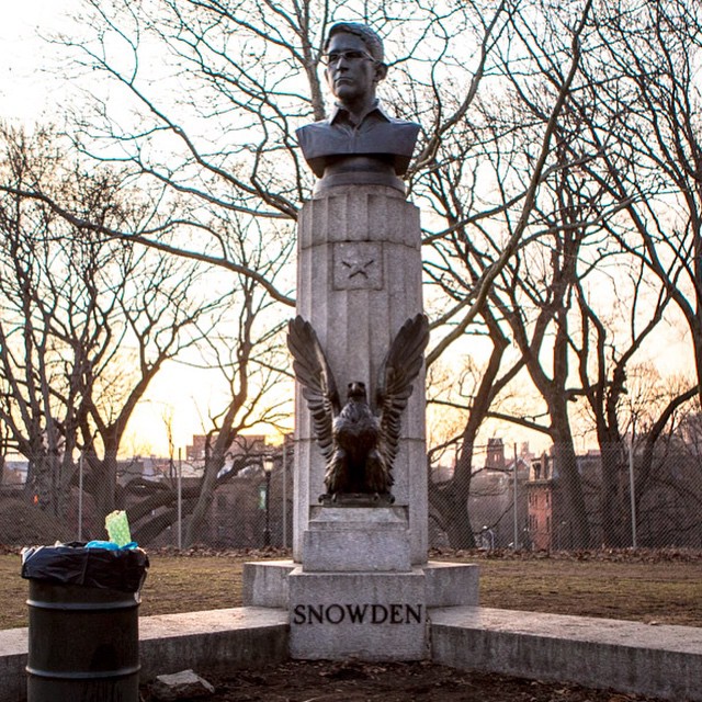 The Edward Snowden bust in Fort Greene Park (photo by Sally Thurer/Instagram)