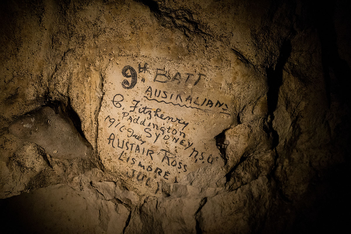 WWI soldiers inscriptions in the subterranean city at Naours – Bocage Hallue. Terms of Use: These photos are for one-time use, limited to professional media outlets and blogs, in connection with an accompanying story about Jeffrey Gusky, his work and WW1-related discoveries. Stories appearing during the license period may be archived online by the media outlet or blog who published the story. This image is a low resolution version of the original. Higher resolution images are available by special arrangement with the artist. This image may not be modified and may not be used commercially except with a commercial license. This image is not available under any Creative Commons license. Copyright (c) 2015 Jeffrey Gusky. All Rights Reserved. Jeffrey Gusky, c/o attorney at P.O. Box 2526, Addison, TX 75001-2526. photos@jeffgusky.com.