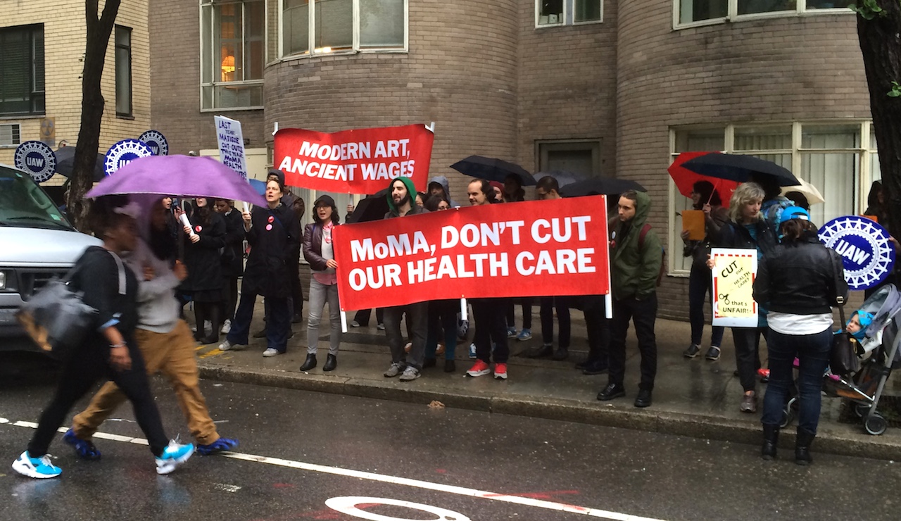 MoMA employees protesting outside the museum on Tuesday (photo by the author for Hyperallergic)