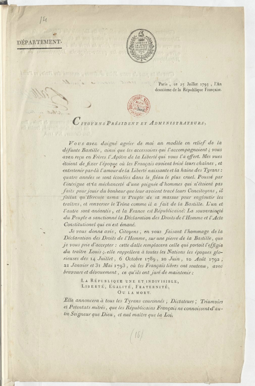 Letter signed by Palloy to recipients of the Bastille models (July 25, 1793) (via Gallica)