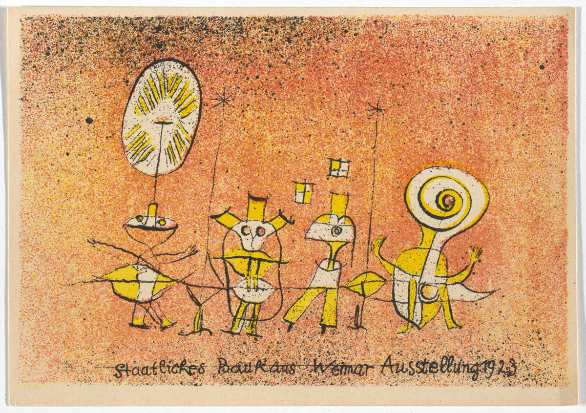 Paul Klee, "Bauhaus Ausstellung Weimar Juli–Sept, 1923, Karte 5" (1923), lithograph, 3 15/16 x 5 7/8 inches (all images courtesy Museum of Modern Art, Committee on Architecture and Design Funds, photos by John Wronn)