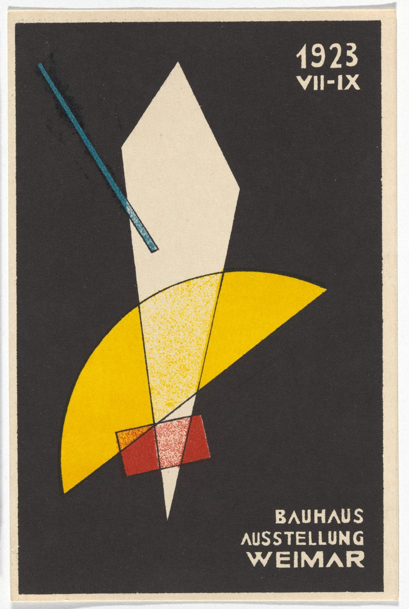Laszlo Moholy-Nagy, "Bauhaus Ausstellung Weimar Juli–Sept, 1923, Karte 7" (1923), lithograph, 5 7/8 × 3 15/16 inches