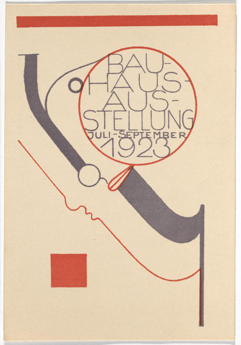 Oskar Schlemmer, "Bauhaus Ausstellung Weimar Juli–Sept, 1923, Karte 8" (1923), lithograph, 5 7/8 × 3 15/16 inches