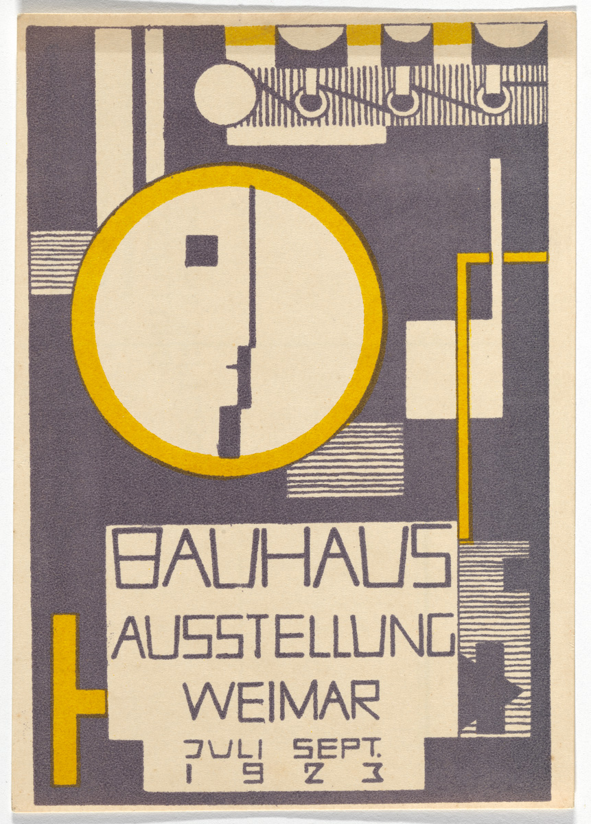 Rudolf Baschant, "Bauhaus Ausstellung Weimar Juli–Sept, 1923, Karte 10" (1923), lithograph, 5 7/8 × 3 15/16 inches