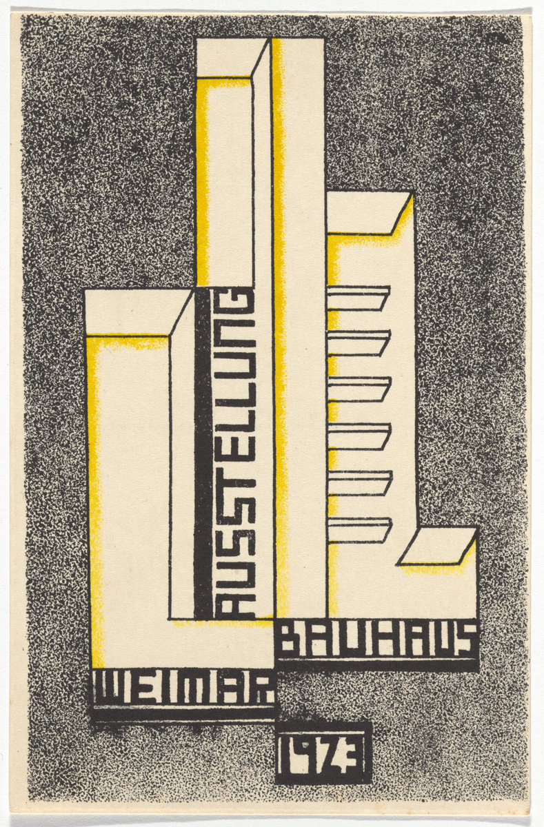 Farkas Molnar, "Bauhaus Ausstellung Weimar Juli–Sept, 1923, Karte 17" (1923), lithograph, 5 7/8 × 3 15/16 inches