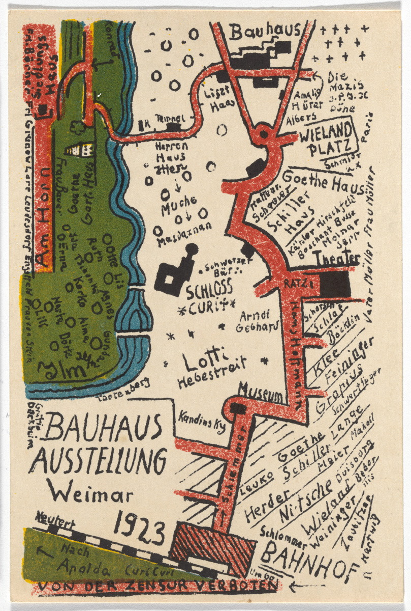 Kurt Schmidt, "Bauhaus Ausstellung Weimar Juli–Sept, 1923, Karte 19" (1923), lithograph, 5 7/8 × 3 15/16 inches