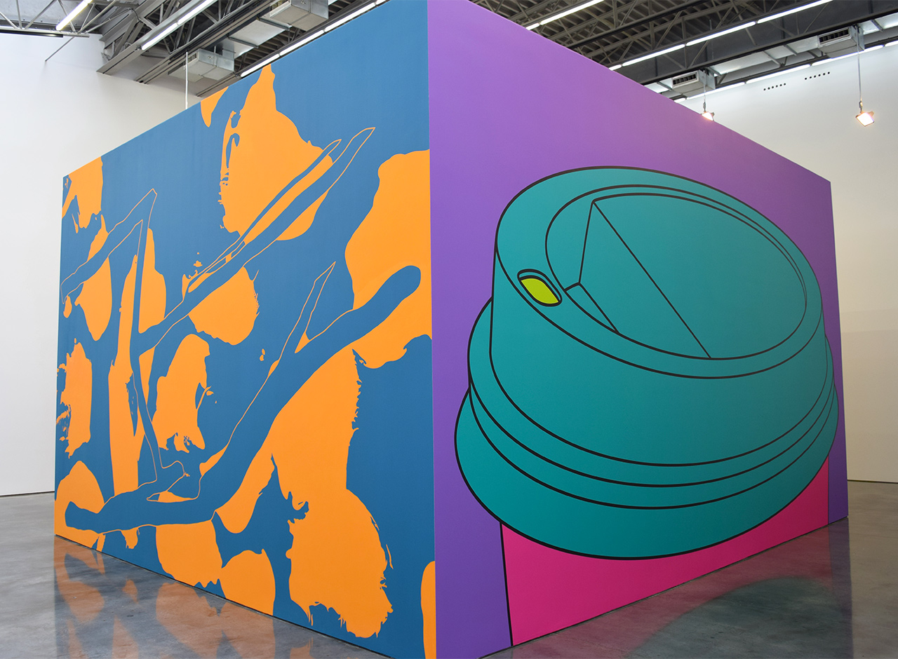 Arturo Herrera, "Come Again" (2015, left) and Michael Craig-Martin, "To Go" (2015, right) at Gladstone Gallery