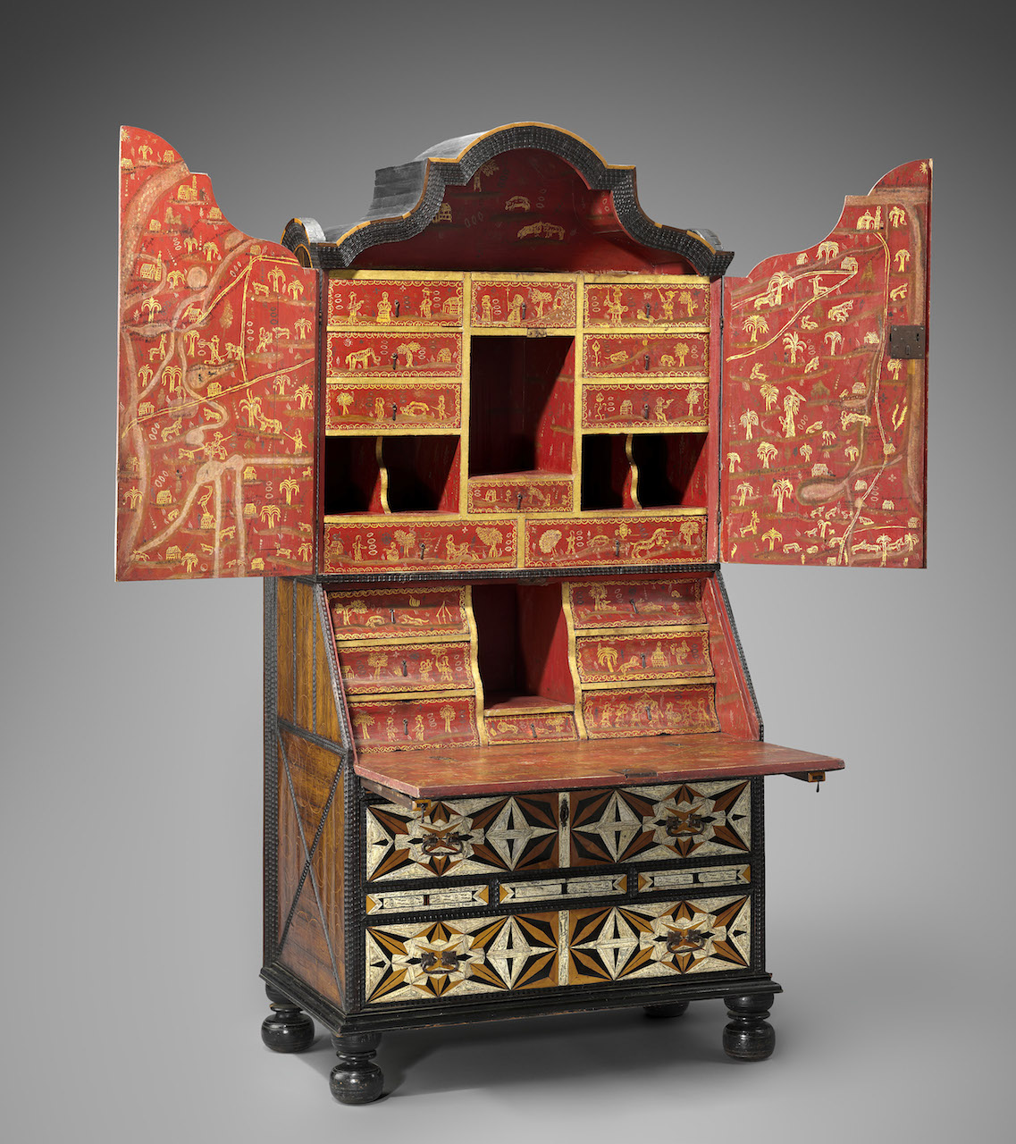 Desk and bookcase (mid-18th century), inlaid woods and incised and painted bone, maque, gold and polychrome paint, metal hardware (Ann and Gordon Getty Collection, courtesy, Museum of Fine Arts, Boston)