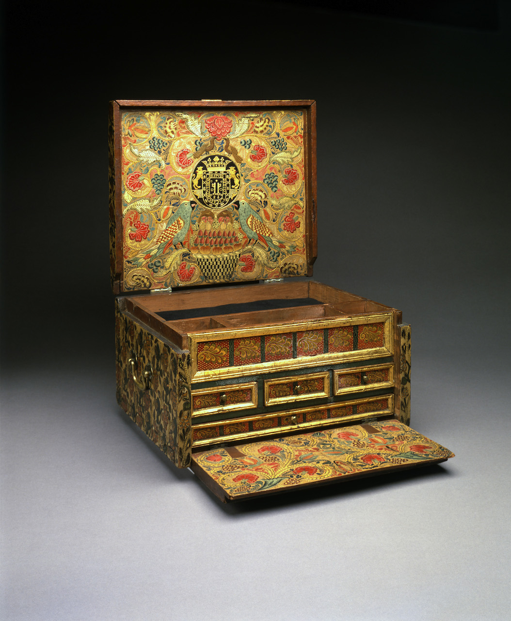 Portable writing desk (about 1684), wood, varniz de pasto, silver fittings (on loan from the Hispanic Society of America in NYC, courtesy Museum of Fine Arts, Boston)