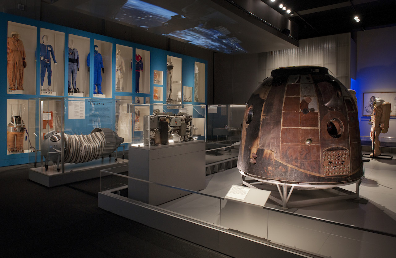 The Soyuz TM-14 descent module and the Outposts in the 'Cosmonauts' exhibition (courtesy Science Museum)