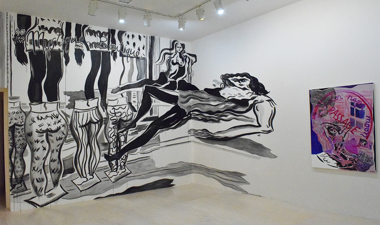 Mira Dancy wall painting "Broadway & Canal // Mystique Boutique" (2015, left) and painting "Body Clock" (2015, right)