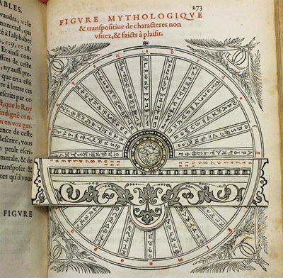 A rotating paper volvelle used as a cipher disc in Johannes Trithemius’ cryptographic book Polygraphy, published Paris, 1561. This book was owned by John Dee. Credit: ©Royal College of Physicians