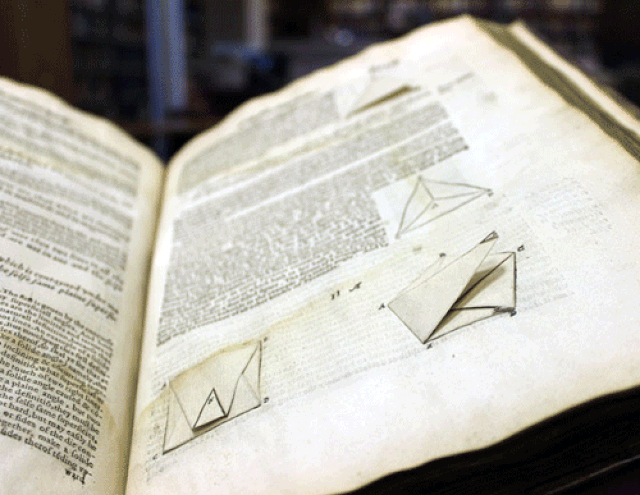Fold-up geometrical illustrations in the first English edition of Euclid’s Elements of geometry, published London, 1570. John Dee wrote a mathematical preface to the book. Credit: ©Royal College of Physicians