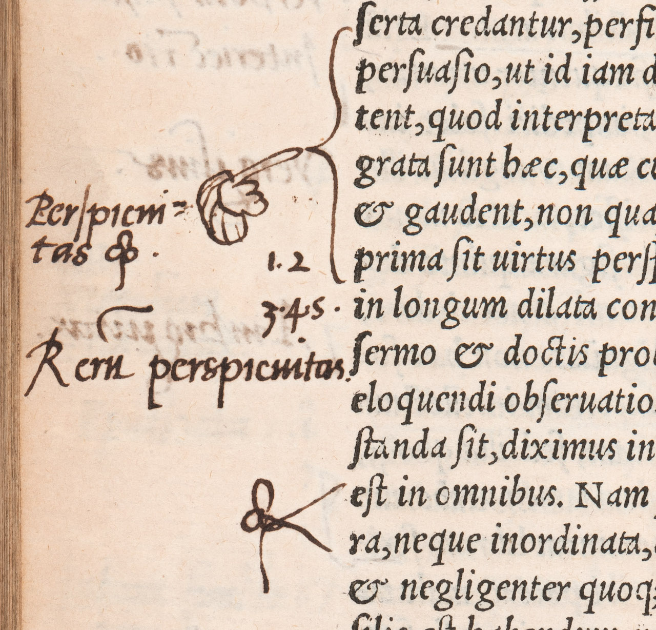A small pointing hand — known as a manicule — drawn in the margin of a book of classical rhetoric, owned and heavily annotated by John Dee. (Quintilian, 'Institutionum oratoriarum,' published Lyon, 1540) (© Royal College of Physicians / Mike Fear)