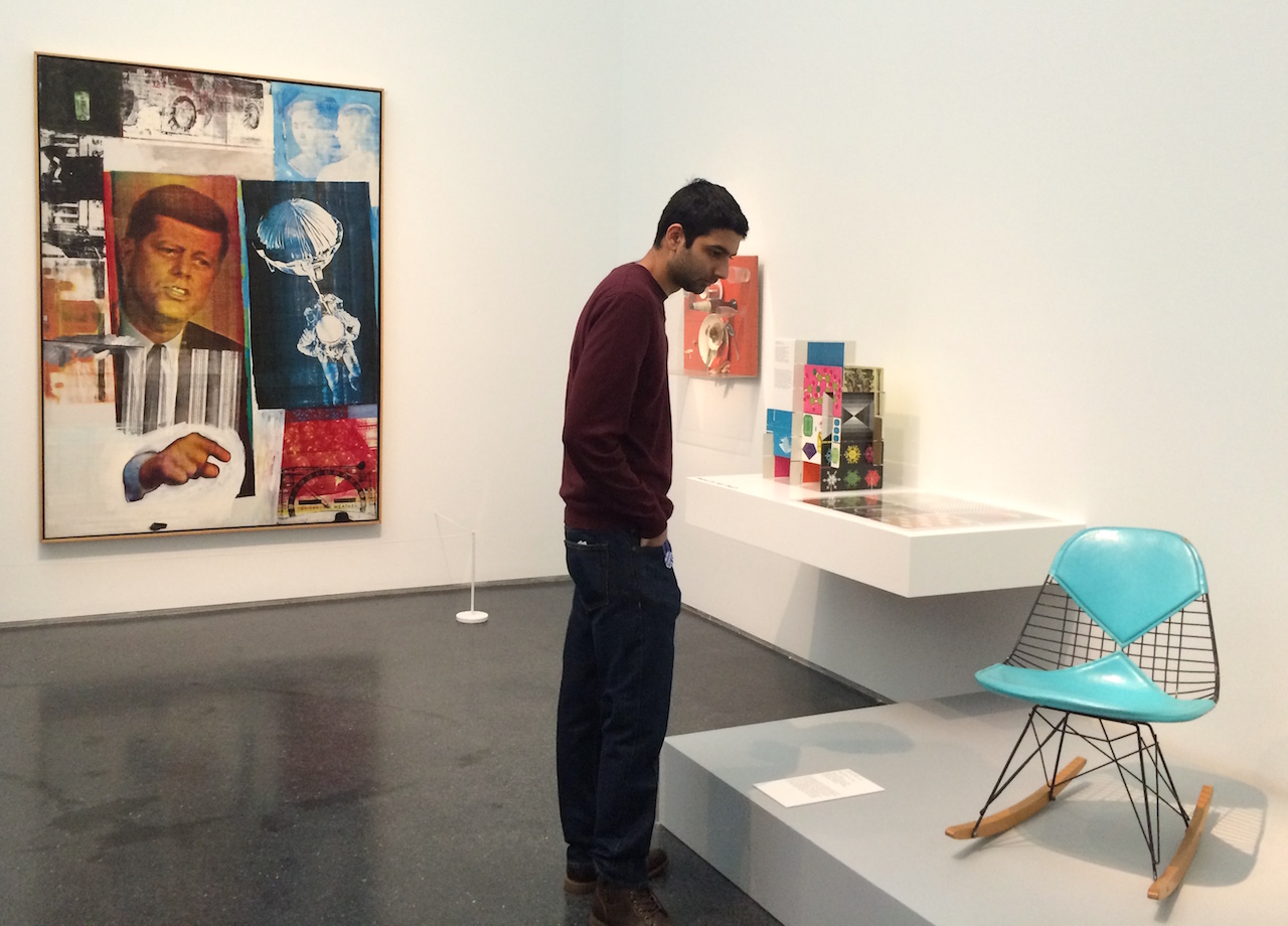 Installation view of 'Pop Art Design' at the Museum of Contemporary Art, Chicago, with works by Robert Rauschenberg (left) and Charles and Ray Eames (right)