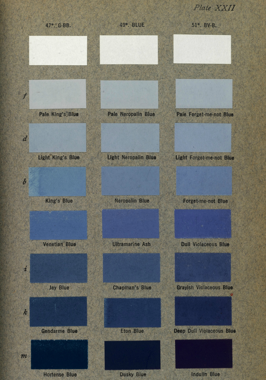 Colors in the 1912 'Color Standars and Color Nomenclature' by Robert Ridgway (via Biodiversity Heritage Library/Missouri Botanical Garden)