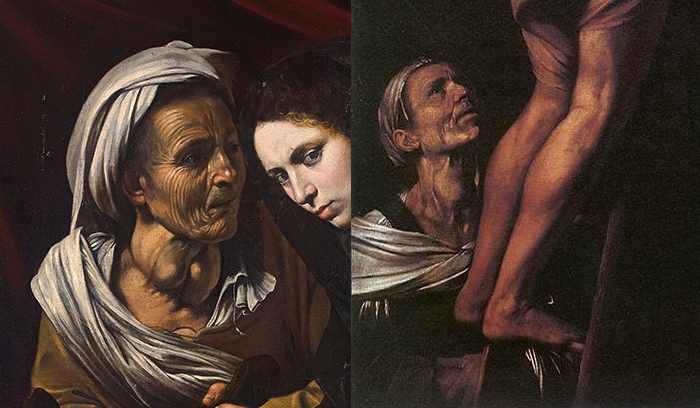 Details of the possible Caravaggio painting "Judith Beheading Holofernes" (ca 1605–06, left) and the confirmed Caravaggio "The Crucifixion of St. Andrew" (ca 1607, right) that feature the same model