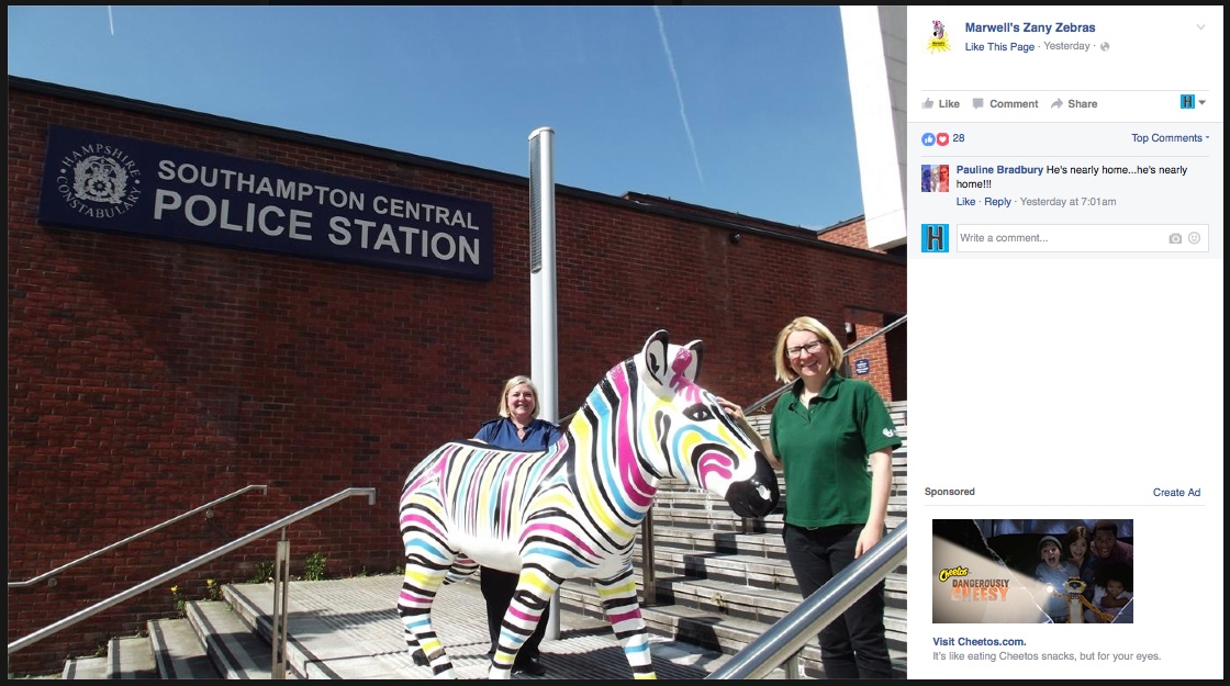 Gilbert, a stolen zebra sculpture, has been returned to Marwell Zoo officials. (screenshot by the author via Facebook)