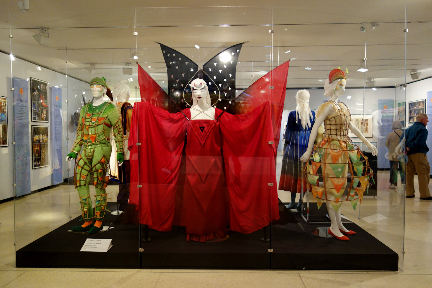 Installation view of 'Magical Designs for Mozart’s Magic Flute,' with costumes designed by Julie Taymor in 2004 for the Metropolitan Opera