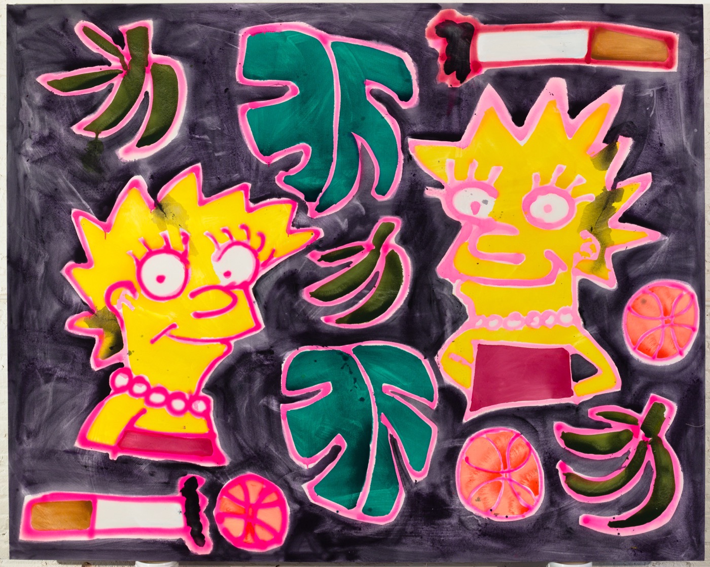 Katherine Bernhardt "Two Simpsons, Plantains, Basketballs, Cigarettes" (2016) Acrylic and spray paint on canvas 96 x 120 in.