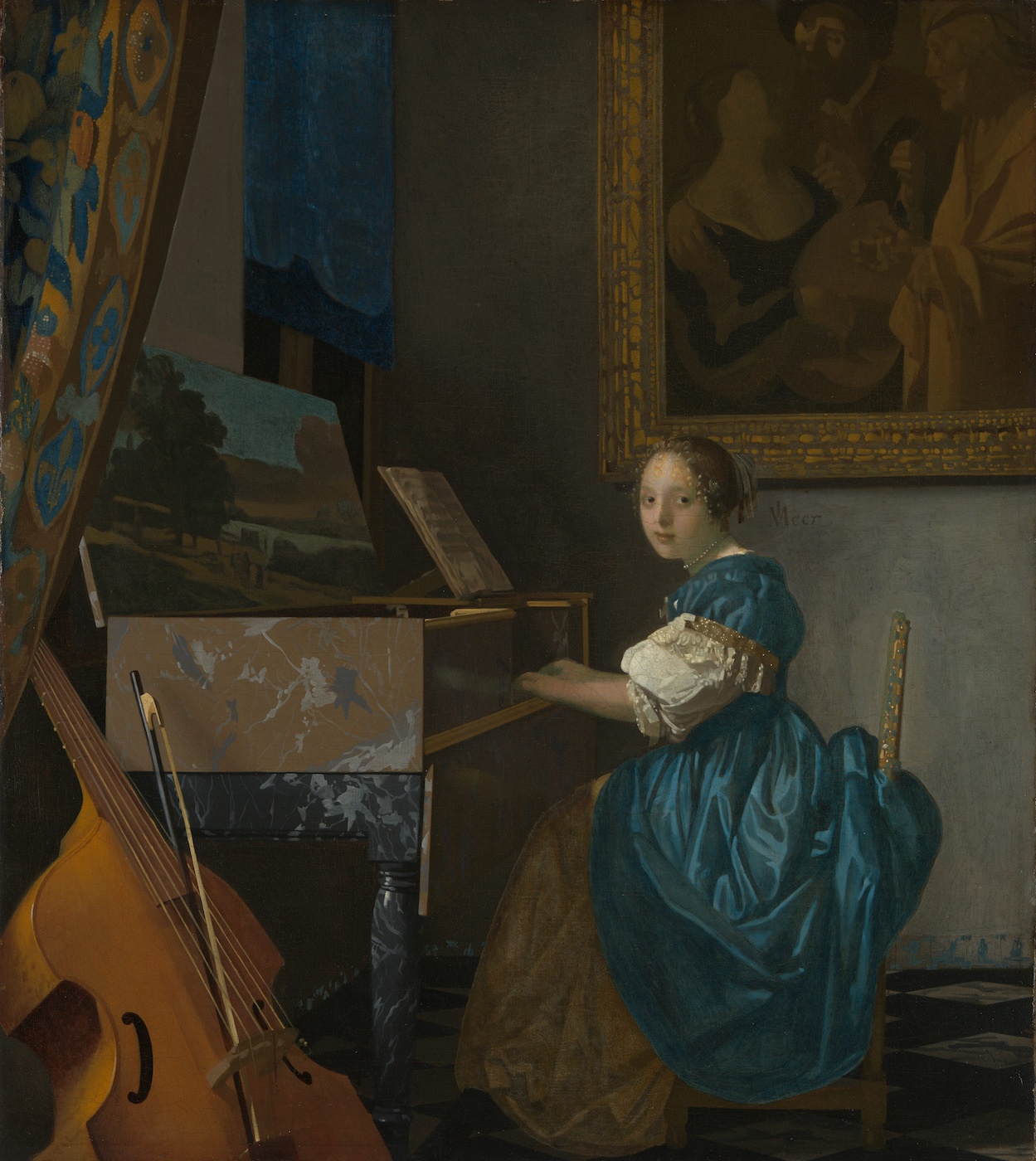 Johannes Vermeer, "A Young Woman Seated at a Virginal" (1670-72), oil on canvas. Lapis lazuli used in the curtain, to highlight the woman's arms, and mixed with green earth for the blue-green of the dress. (via National Gallery, London/Wikimedia)