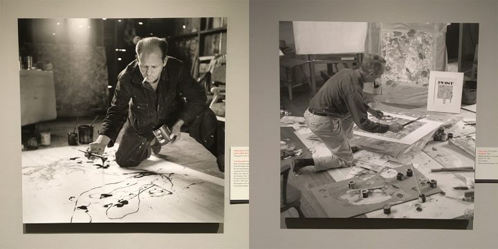Left: Martha Holmes (1923–2006), “Jackson Pollock Works in His Long Island Studio” (1949), photograph for 'LIFE' magazine; right: Louie Lamone (1918–2007), reference photo for "The Connoisseur"; both on view in <em>Rockwell and Realism in an Abstract World</em> (all photos by the author for Hyperallergic)