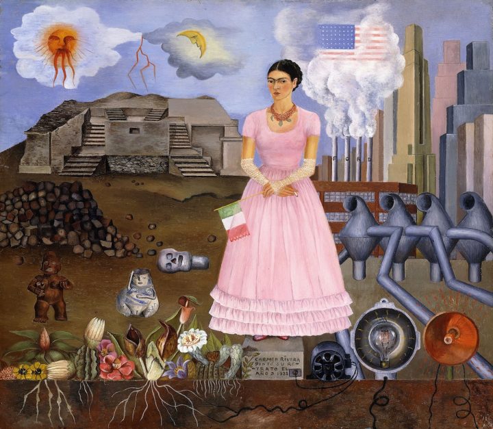Frida Kahlo, "Self Portrait on the Border between Mexico and the United States of America" (1932), oil on tin, private collection (photo © Christie's Images)