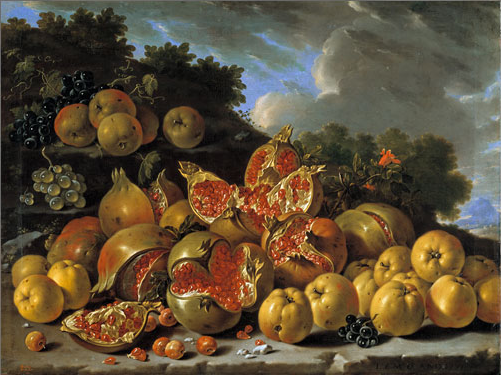 "Still Life with Pomegranates, Apples, Azaroles, and Grapes in a Landscape" (1771) (click to enlarge)