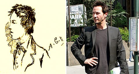 Left, Sketch of Arthur Rimbaud by Frédéric-Auguste Cazals, 1871; Right, Keanu Reeves looks both ways before he crosses the street.