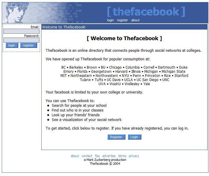 A screenshot of thefacebook.com ca. 2004