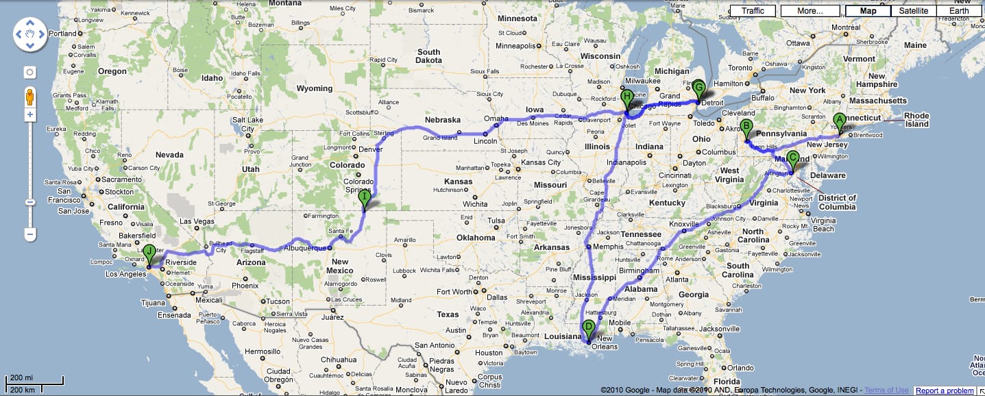 The long-winding road home. An interactive map of all the Amtrak lines can be found on their web site.