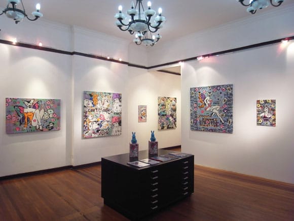 The work of street artist Aiko on view at Andrew James Gallery, where the artist completed a residency. Photo by Kyle Chayka.