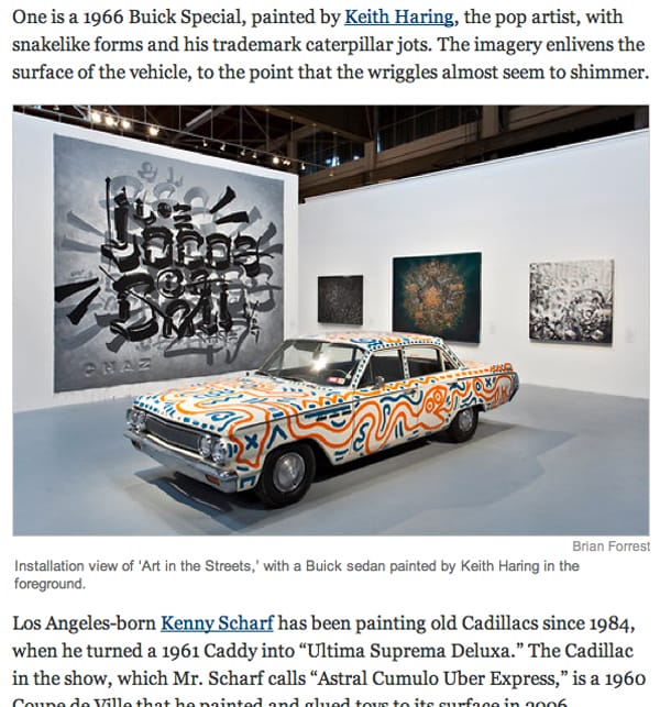 ketihharing-600 A 1966 Buick Special painted by Keith Haring in front of a large work by Retna. They are on display at MOCA's "Art in the Streets."