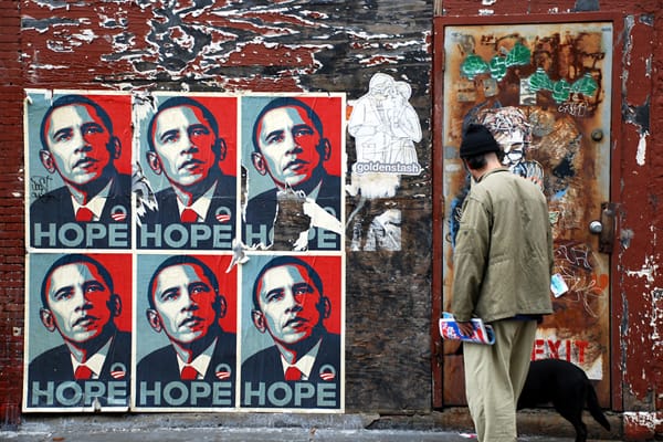 A Fairey "Hope" poster in Boston right after the 2008 US Presidential elections. (via flickr.com/geoftheref)