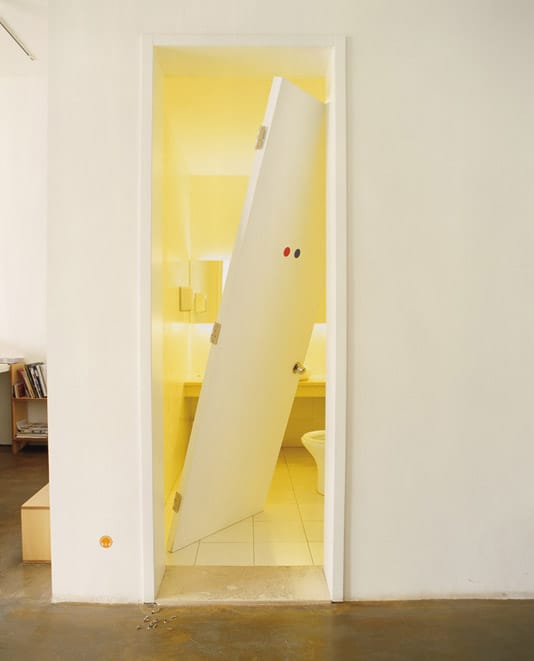 12:50 pm, Ma Yongfeng's microintervention on a bathroom door at MK2 Art Space for Memory/Identity, curated by Alessandro Rolandi.