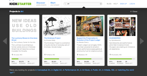 Some of the search results for Kickstarter when you plug in "art".