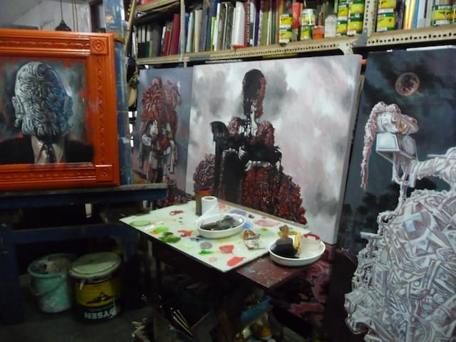 Jose Tence Ruiz's paintings read like gothic industrial, with a touch of baroque.