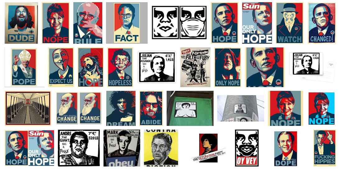 Google search results showing different variations on Shepard Fairey's iconic Obey and Hope posters.