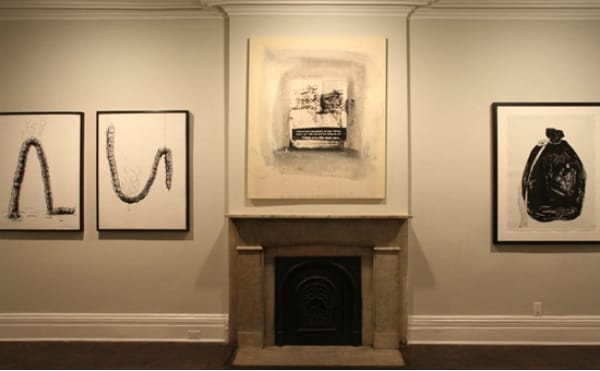 Installation view: On left Mike Kelly Zenith and Nadir Stink, 1991, Acrylic on paper,2 panels: 39.37 x 31.5 inches.