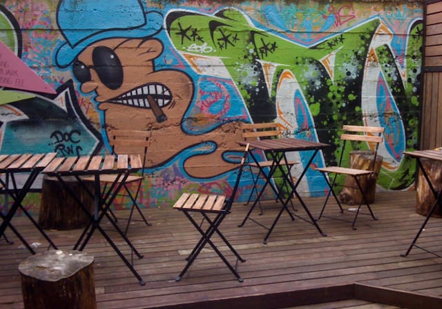 The outdoor seating at my youth hostel.