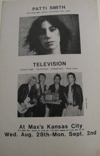 Flyer for Patti Smith/Television concert at Max's Kansas City