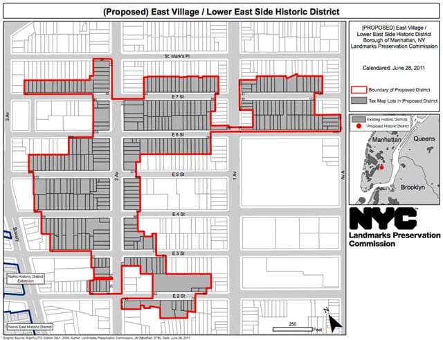 This map of the proposed East Village Historic District was approved with slight modifications.