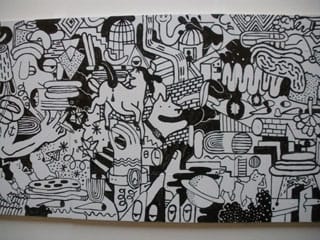 A collaborative wall painting between Perry, Josh Cochran, and Jim Stoten