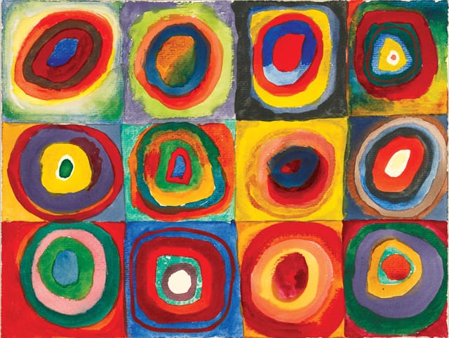Vasily Kandinsky. "Farbstudie — Quadrate mit konzentrischen Ringen (Color study — squares with concentric rings)" (1913). Watercolor, gouache, and crayon on paper, 9 3⁄8 × 12 3⁄8 inches. Stadtische Galerie im Lenbachhaus, Munich. © 2012 Artists Rights Society (ARS), New York/ADAGP, Paris. Courtesy Städtische Galerie im Lenbachhaus, Munich.
