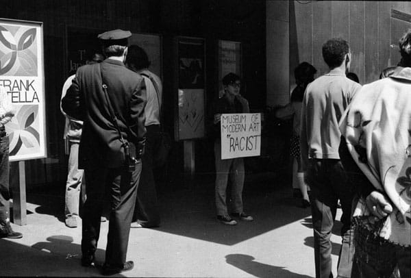 Members of the Black & Puerto Rican Emergency Cultural Coalition, the Guerrilla Art Action Group, and the Art Workers’ Coalition, protesting at MoMA in 1970 (photo courtesy Mousse Magazine)