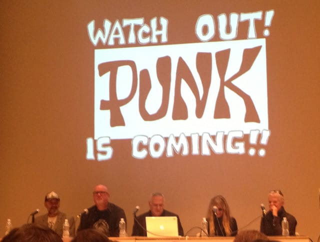 "Parallel Lines: Visual Art, CBGB's and Downtown Nightlife" panel at the New Museum. Panel is (from left to right) Arturo Vega, John Holmstrom, Marc Miller, Marcia Resnick and Pat Place (photo by author)