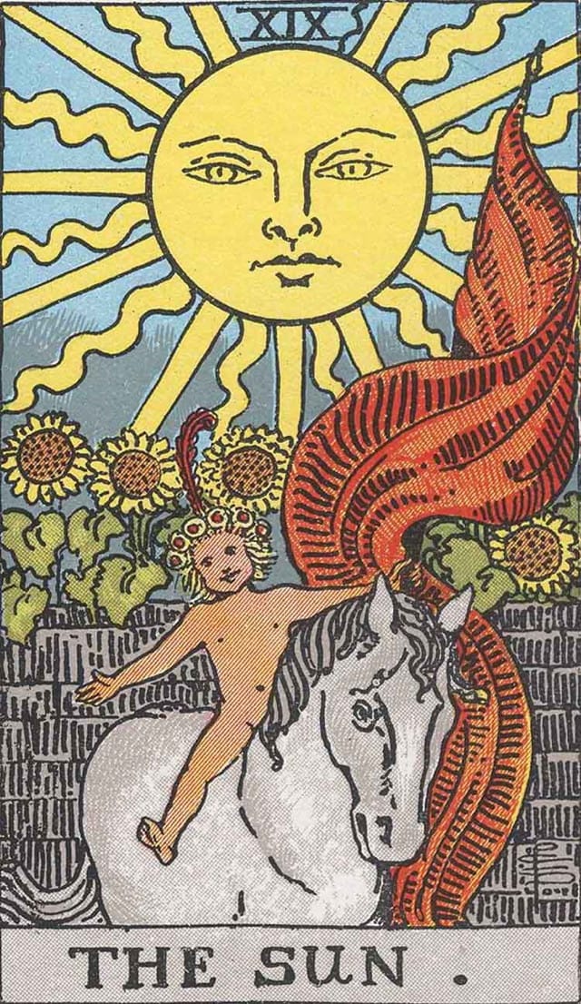The Sun card from the Rider-Waite tarot deck (image via Wikipedia)