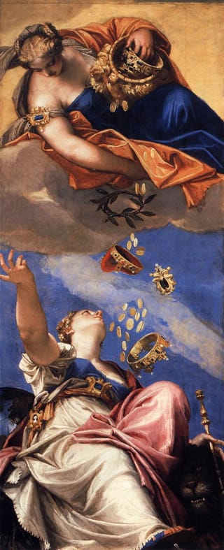 Paolo Veronese, "Juno Showering Gifts on Venetia (1554–56), oil on canvas, 365 x 147 cm. Palazzo Ducale, Venice. (image via the Web Gallery of Art) (click to enlarge)